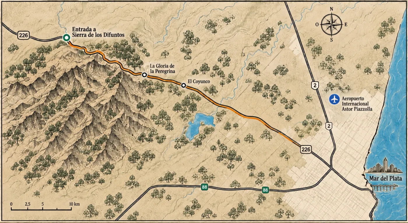 Mapa de cómo llegar a Sierra de los Difuntos desde Mar del Plata por la Ruta 226, pasando por La Gloria de la Peregrina y El Coyunco