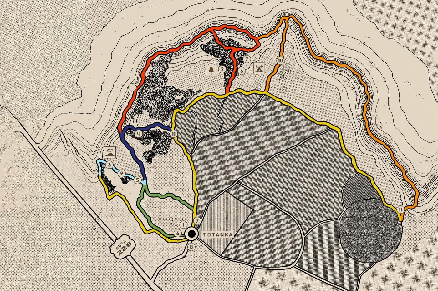 Mapa ilustrado de los senderos de Sierra de los Difuntos: punto de partida Totanka, senderos numerados y acceso por Ruta 226